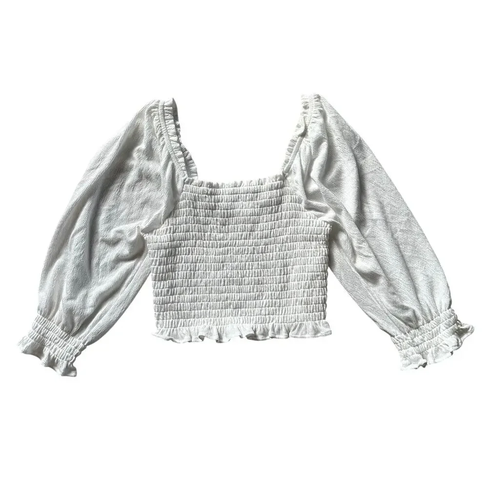 Free People Brencye Smocked Crop Top Boho White Size XSmall‎ Blouse Milkmaid